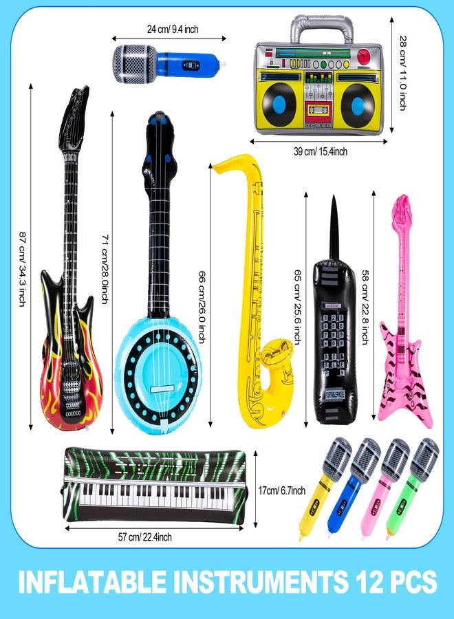 PLMMOUT 12 Pcs Inflatable Instruments,Inflatable Rock Star Toy Set,Inflatable Guitar,Blow up Guitar Inflatable Saxophone Inflatable Microphones Bass Lute Boombox Phone Piano,80s 90s Party Decorations - Image 2